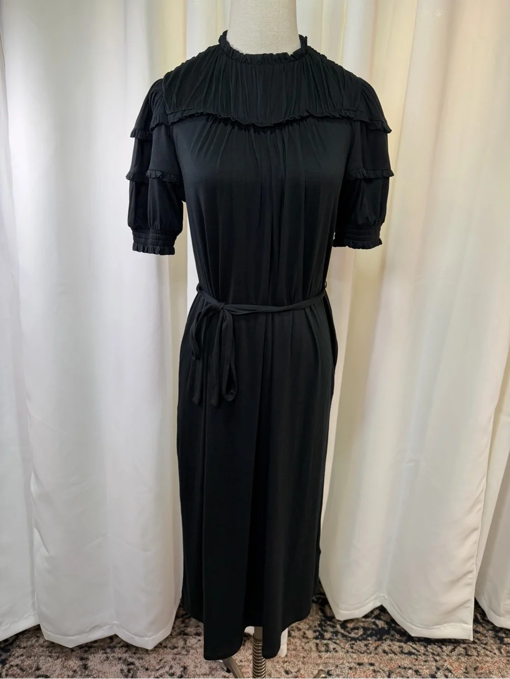 NWT Boden Black Ruffled Neck Puff Sleeve Jersey Midi Dress w/ Tie Waist Size 4P